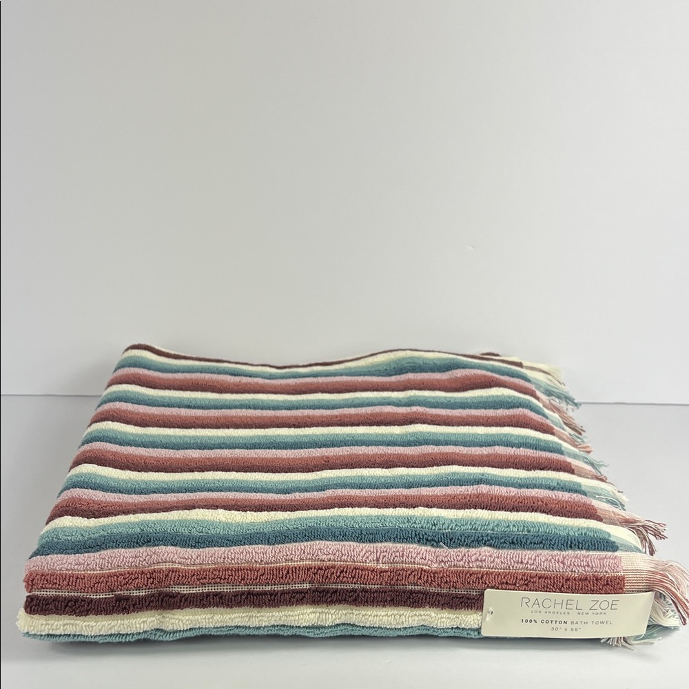 Rachel Zoe Multicolor Striped Bath Towel With Fringe Soft Cotton 30" x 56" NEW
